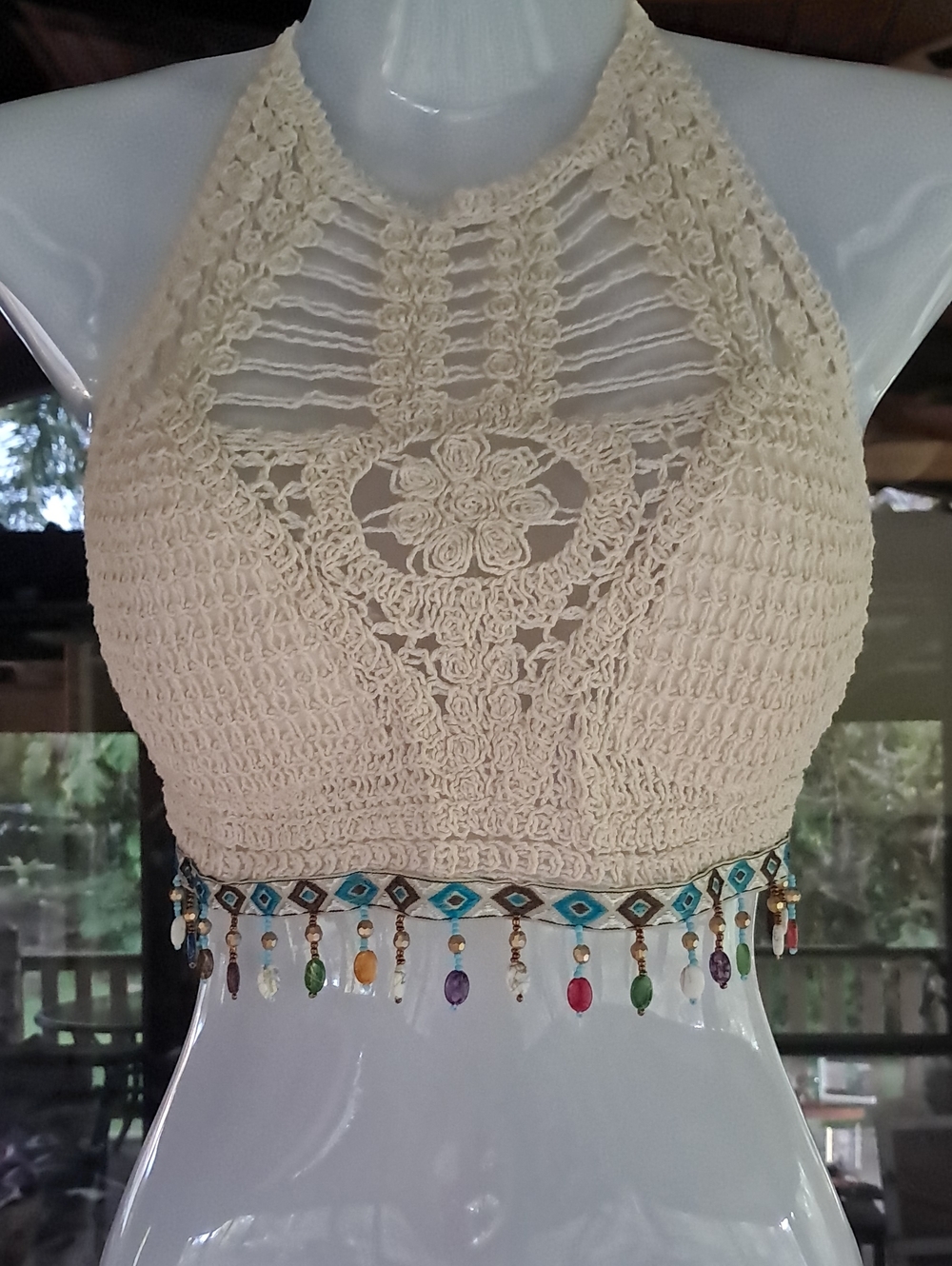 Crochet Halter Crop Top with Beaded Trim - Cream